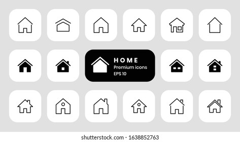 Simple flat and line home icon set. Collection of beautiful apartment, hotel, brick building, palace, real estate, residential property icons isolated.