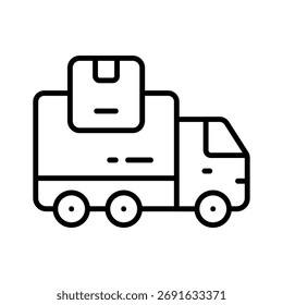 Um simples ícone de linha plana representa um caminhão de entrega carregando um pacote