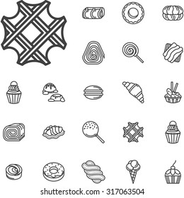 Simple flat line style vector set of dessert icons. Sweets, confectionery, cakes and candies. Web design elements