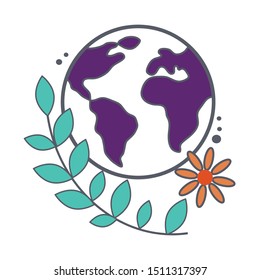 Simple flat and linear planet earth with bunch of plant and flower. Logo for your designs, poster, tshirt print and sticker, invitation card, website bottom or instagram storie pictogramm.