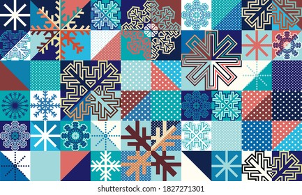Simple flat local background of multicolored geometric shapes and snowflakes.