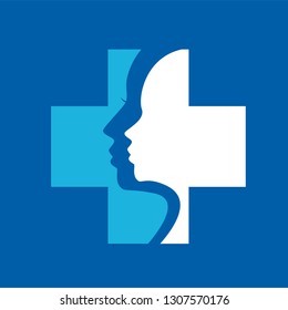 Simple flat logo of a blue cross with some silhouettes of human faces in profile