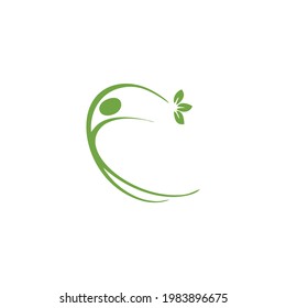 simple flat logo of a dancer with a green leaf in hand