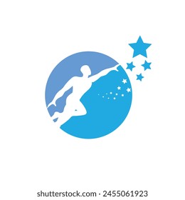 A simple flat logo illustration of a man reaching out to the star on a circle shape