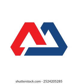 un sencillo logotipo plano de la letra M en rojo y azul que Formas como una montaña 