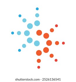 A simple flat logo of a letter S made of small dots shapes looks like a sun complete with sunray in orange and blue color on a white background