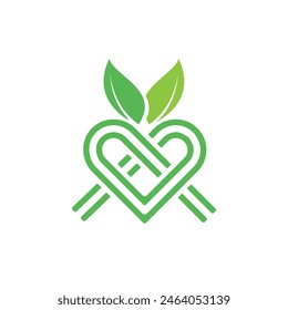 A simple flat logo of a love heart shape with two leaves above it in green color