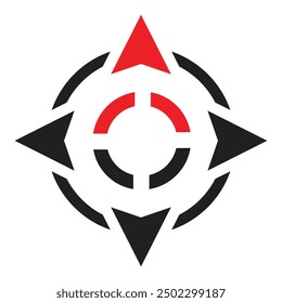 A simple flat logo of a rounded compass with arrow facing north in black and red