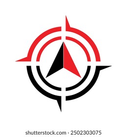 A simple flat logo of a standard compass with arrow facing north in black and red