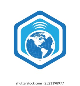 Un logotipo plano simple que representa un globo terráqueo y un icono wifi en color azul dentro de una forma hexagonal