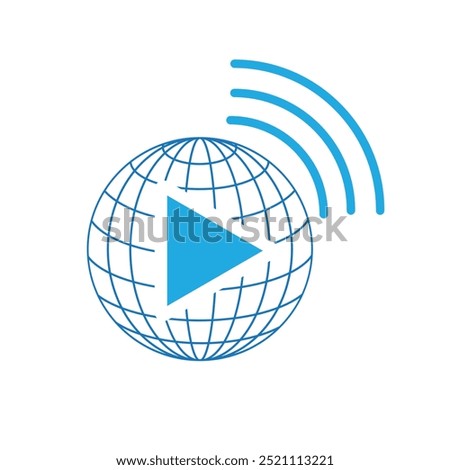 A simple flat logo that depicts a globe and a wifi icon in blue color with a play button on the middle