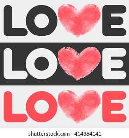 Simple flat LOVE design. Conceptual poster with logo template in 3 different color combinations. Linear text shapes and letter V in fingerprint heart form. Logotype for romantic, wedding design