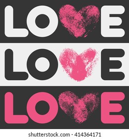 Simple flat LOVE design. Conceptual poster with logo template in 3 different color combinations. Linear text shapes and letter V in fingerprint heart form. Logotype for romantic, wedding design