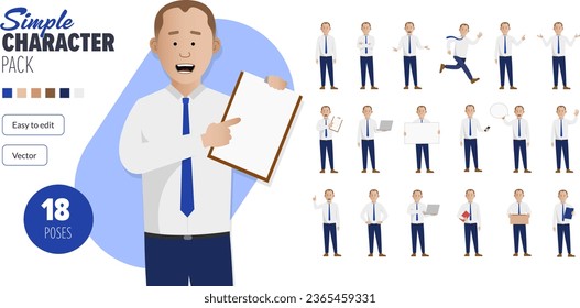 Simple hombre de negocios llano vectorial personaje en un conjunto de poses múltiples. Fácil de editar y aislado en un fondo blanco. Mega pack de personajes de estilo moderno y moderno con muchas poses. 