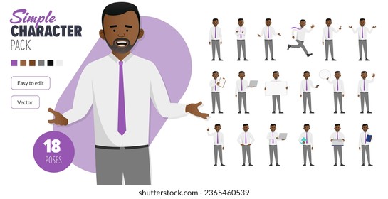 Simple hombre de negocios llano vectorial personaje en un conjunto de poses múltiples. Fácil de editar y aislado en un fondo blanco. Mega pack de personajes de estilo moderno y moderno con muchas poses. 