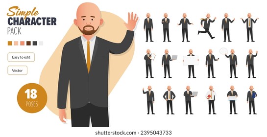 Simple hombre de negocios llano vectorial personaje, usando un traje en un conjunto de poses múltiples. Fácil de editar y aislado en un fondo blanco. Mega pack de personajes de estilo moderno y moderno con muchas poses.