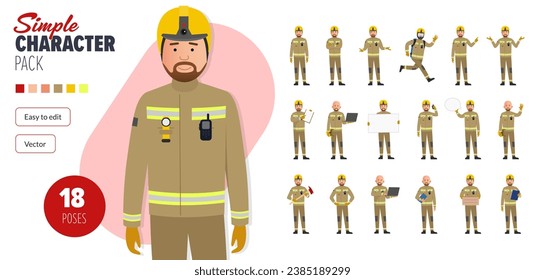 Simple flat male firefighter vector character in a set of multiple poses. Easy to edit and isolated on a white background. Modern trendy style character mega pack with lots of poses.	