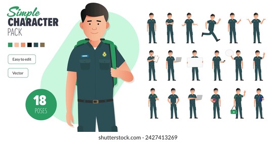 Simple flat male paramedic first responder vector character in a set of multiple poses. Easy to edit and isolated on a white background. Modern trendy style character mega pack with lots of poses.