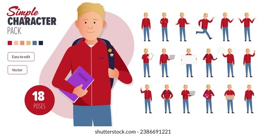 Sencillo personaje de vector estudiantil de adolescente plano en un conjunto de poses múltiples. Fácil de editar y aislado en un fondo blanco. Mega pack de personajes de estilo moderno y moderno con muchas poses.