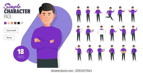 Simple flat male vector character in a set of multiple poses. Easy to edit and isolated on a white background. Modern trendy style character mega pack with lots of poses. 