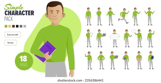 Carácter simple de vector macho plano en un conjunto de poses múltiples. Fácil de editar y aislado en un fondo blanco. Mega pack de personajes de estilo moderno y moderno con montones de poses. 