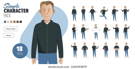 Carácter simple de vector macho plano en un conjunto de poses múltiples. Fácil de editar y aislado en un fondo blanco. Mega pack de personajes de estilo moderno y moderno con muchas poses. 