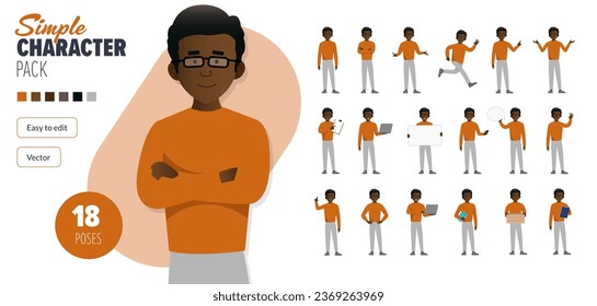 Sencillo personaje vectorial plano de hombre con gafas en un conjunto de poses múltiples. Fácil de editar y aislado en un fondo blanco. Mega pack de personajes de estilo moderno y moderno con muchas poses. 