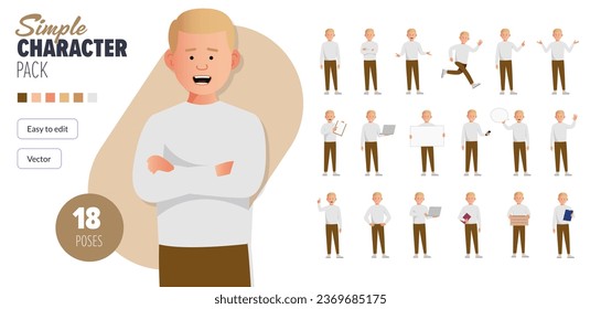 Carácter simple de vector macho plano en un conjunto de poses múltiples. Fácil de editar y aislado en un fondo blanco. Mega pack de personajes de estilo moderno y moderno con muchas poses.