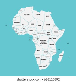 Simple Flat Map Of Africa Continent With National Borders And Country Name Labels On Blue Background. Vector Illustration.