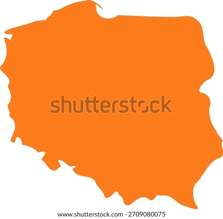 A simple flat map illustration of Poland rendered entirely in bright orange with a small gray square