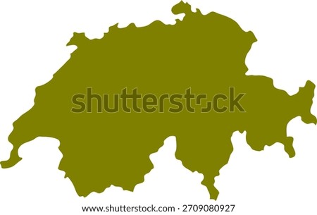 A simple flat map illustration of Switzerland rendered entirely in a solid olive green color with a