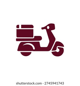 A simple, flat maroon icon of a delivery scooter with a cargo box. Ideal for logistics, food delivery, and e-commerce shipping services.