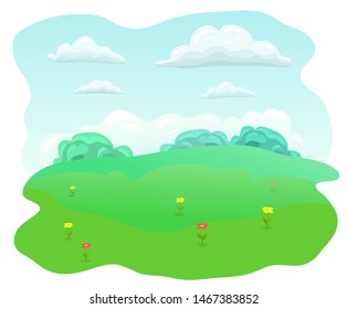 simple flat meadow. Summer field with red and yellow flowers. blue sky, white clouds, green grass happy summer day landscape. skylines fields. Cartoon nature background. green hill illustration.