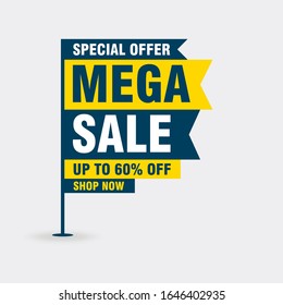 Banner de forma simple de mega venta en fondo blanco, vector de plantilla de banner de descuento para publicidad, medios sociales, banderín web