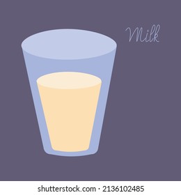 Simple flat milk glass vector illustration. Blue glass of milk. Dairy product. Organic farm milk. Lettering.