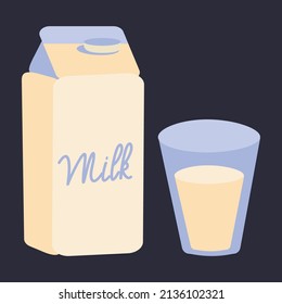 Simple flat milk pack and glass vector illustration. Beige and blue box and glass of milk. Dairy product. Organic farm milk. Lettering.