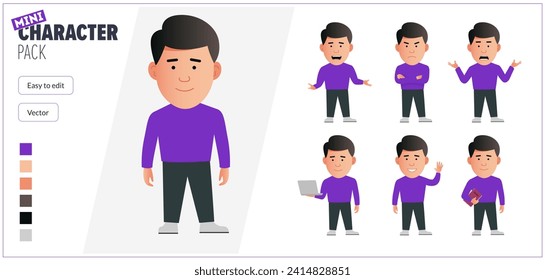 Simple flat mini male vector character in a set of multiple poses. Easy to edit and isolated on a white background. Modern trendy style miniature character.