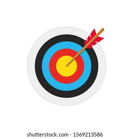 simple flat minimalist archery target with arrow hit the center aim. Illustration of goal success business target. Archery sport graphic element.