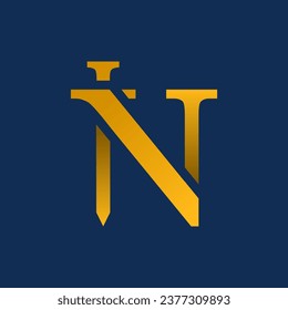 simple flat minimalist elegant royal luxury modern golden letter n with a sword over a blue background, very suitable for law firm, security company protection, finance, and any business logo design