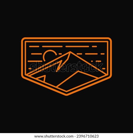 simple flat minimalist modern vintage retro hipster sunset sunrise mountain hill peak rocky ice top mount landscape with simple shape outline monoline line art style and pentagon shield logo design