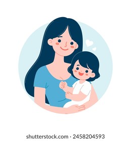 Simple Flat Modern Illustration of A Happy Mother Holding Her Cute Happy Baby Child