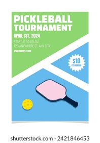 Simple flat and modern pickleball poster. Tournament event template. Bright and colorful vector illustration with court, paddle and ball.