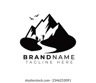 simple flat monochrome modern minimalist logo of mountain outdoor exploration activities with pine trees and birds