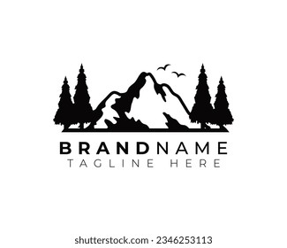 simple flat monochrome modern minimalist logo of mountain outdoor exploration activities with pine trees and birds