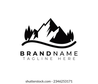 simple flat monochrome modern minimalist logo of mountain outdoor exploration activities with pine trees and river road