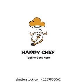 simple flat monoline happy chef mascot with spatula and fork logo icon vector inspiration