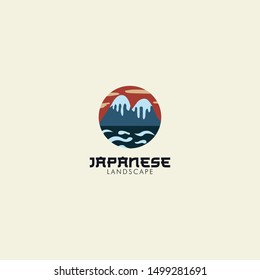 simple flat mountain round hill river logo design template in japan 