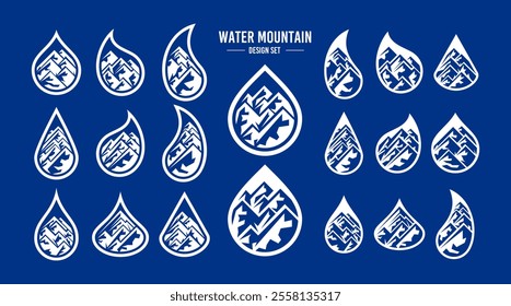Simple flat mountain water drop logo design set