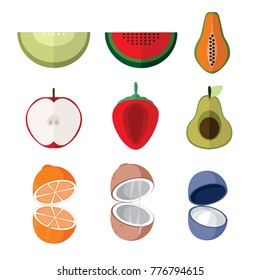 Simple Flat Open Slice Fruits Vector Illustration Set