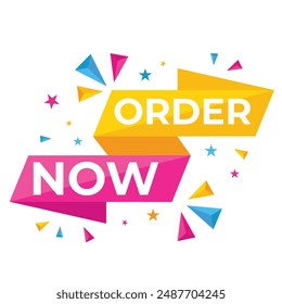 Simple Flat Order Now Text Banner with Red and Blue Color Isolated on Yellow Background Design, Order Now Element Template Vector for Advertising, Social Media, Web Banner
